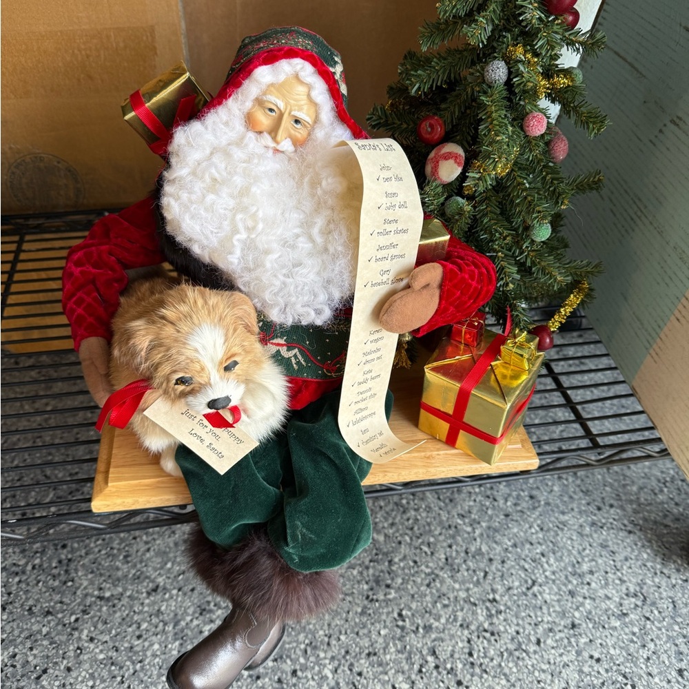 Festive Santa Claus with Dog and Christmas Tree Decor
